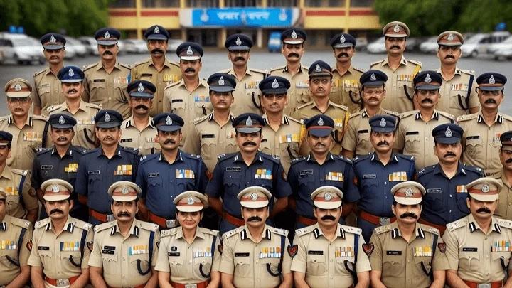 Policemen of many ranks are standing and discussing